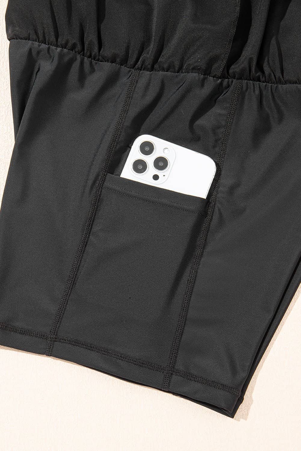 Black High Waisted Drawstring 2-In-1 Side Pocket Color Block Bikini Shorts