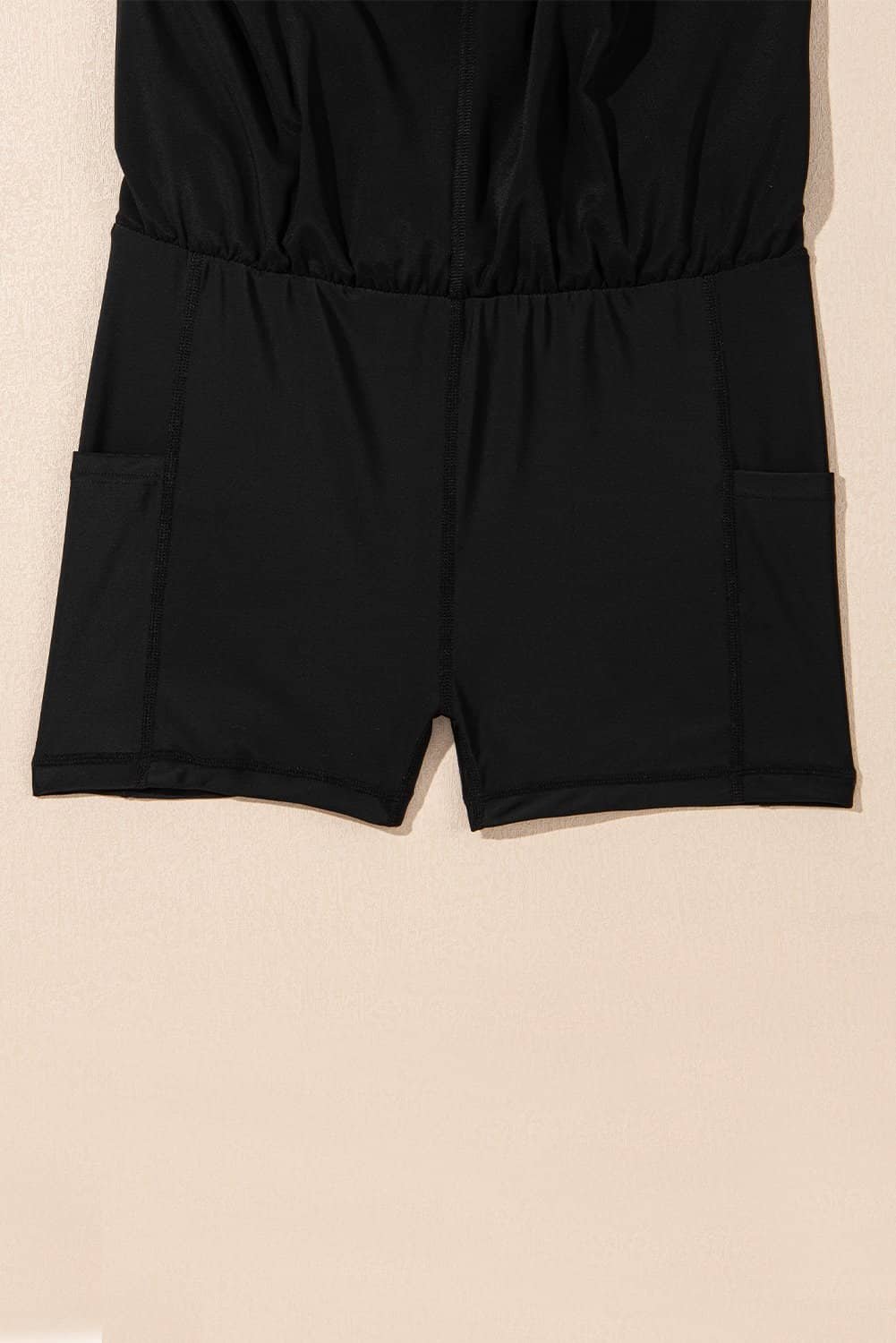 Black High Waisted Drawstring 2-In-1 Side Pocket Color Block Bikini Shorts