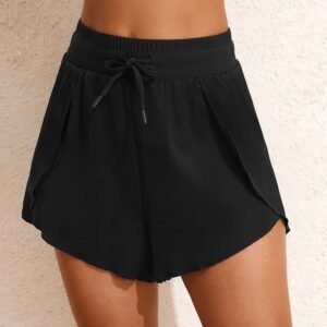 Black High Waisted Drawstring 2-In-1 Side Pocket Color Block Bikini Shorts