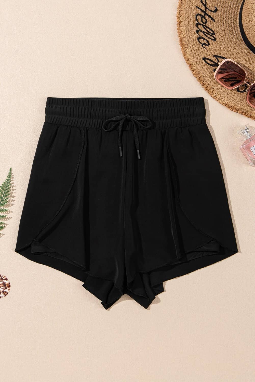 Black High Waisted Drawstring 2-In-1 Side Pocket Color Block Bikini Shorts