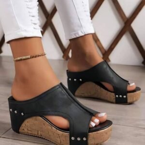 Black Hollow Out Studded Pu Leather Wedge Slippers