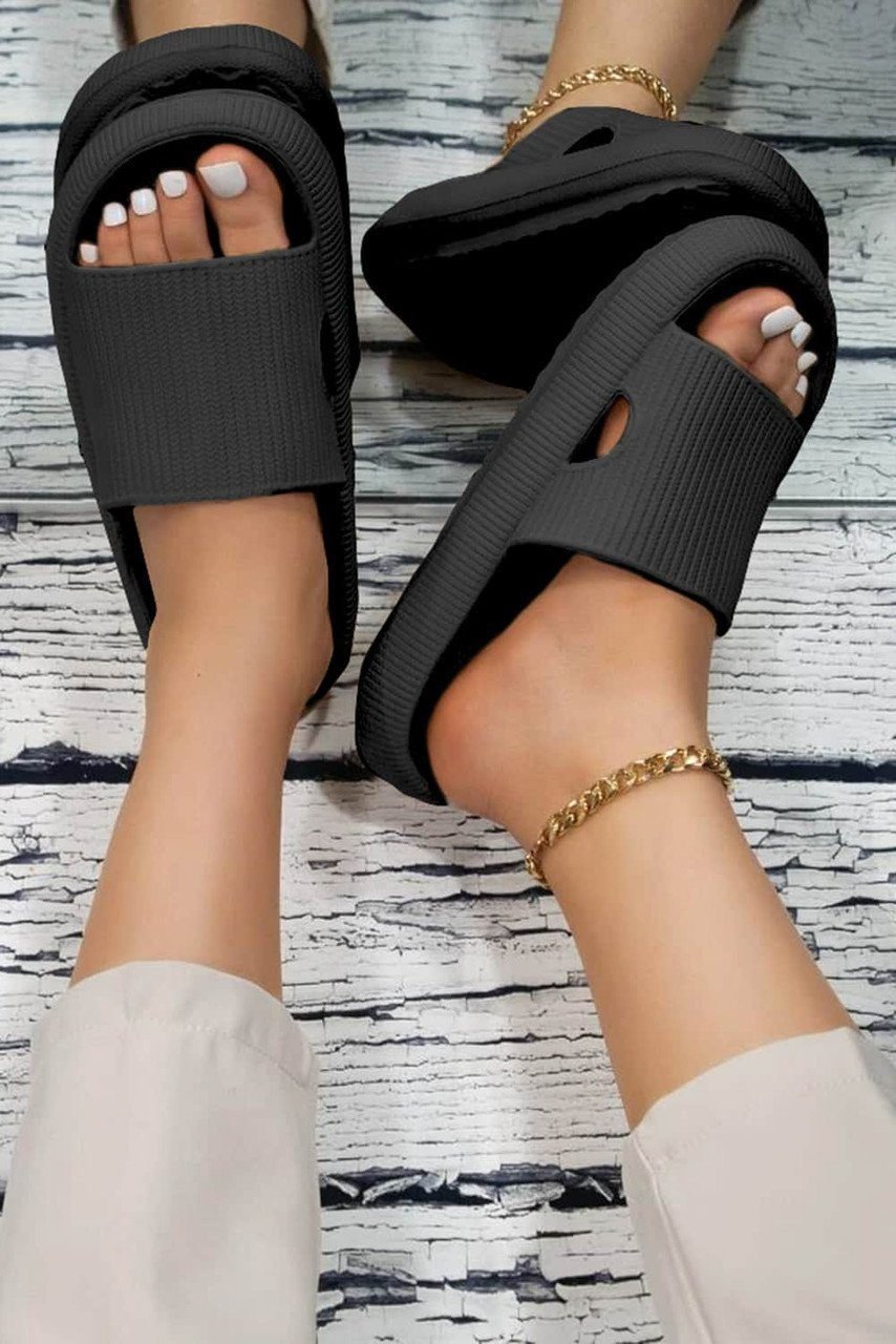 Black Hollow-Out Thick Soled Slip On Slippers