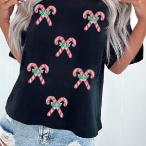 Black Holly Candy Cane Christmas Sequin Graphic T Shirt