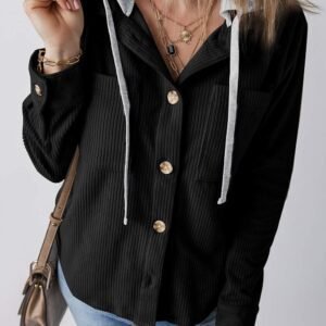 Black Hooded Drawstring Pockets Corduroy Shacket