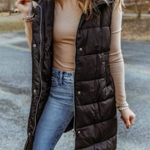 Black Hooded Long Quilted Vest Coat