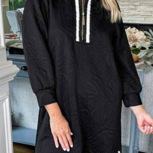 Black Jacquard Textured Quarter Zipper Shift Mini Dress