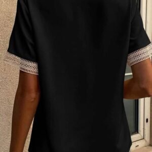 Black Lace Trim V Neck Short Sleeve Blouse