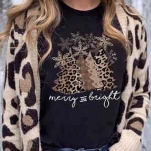 Black Leopard Christmas Tree Graphic Print Crew Neck T Shirt