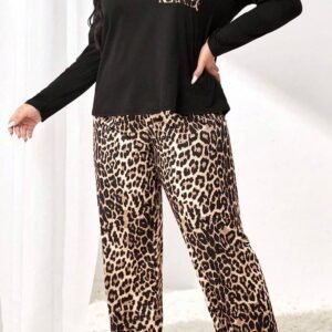 Black Leopard Patched Pocket Long Sleeve Top Plus Size Pants Set
