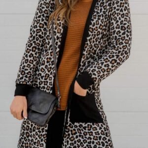Black Leopard Patched Pocket Open Front Cardigan