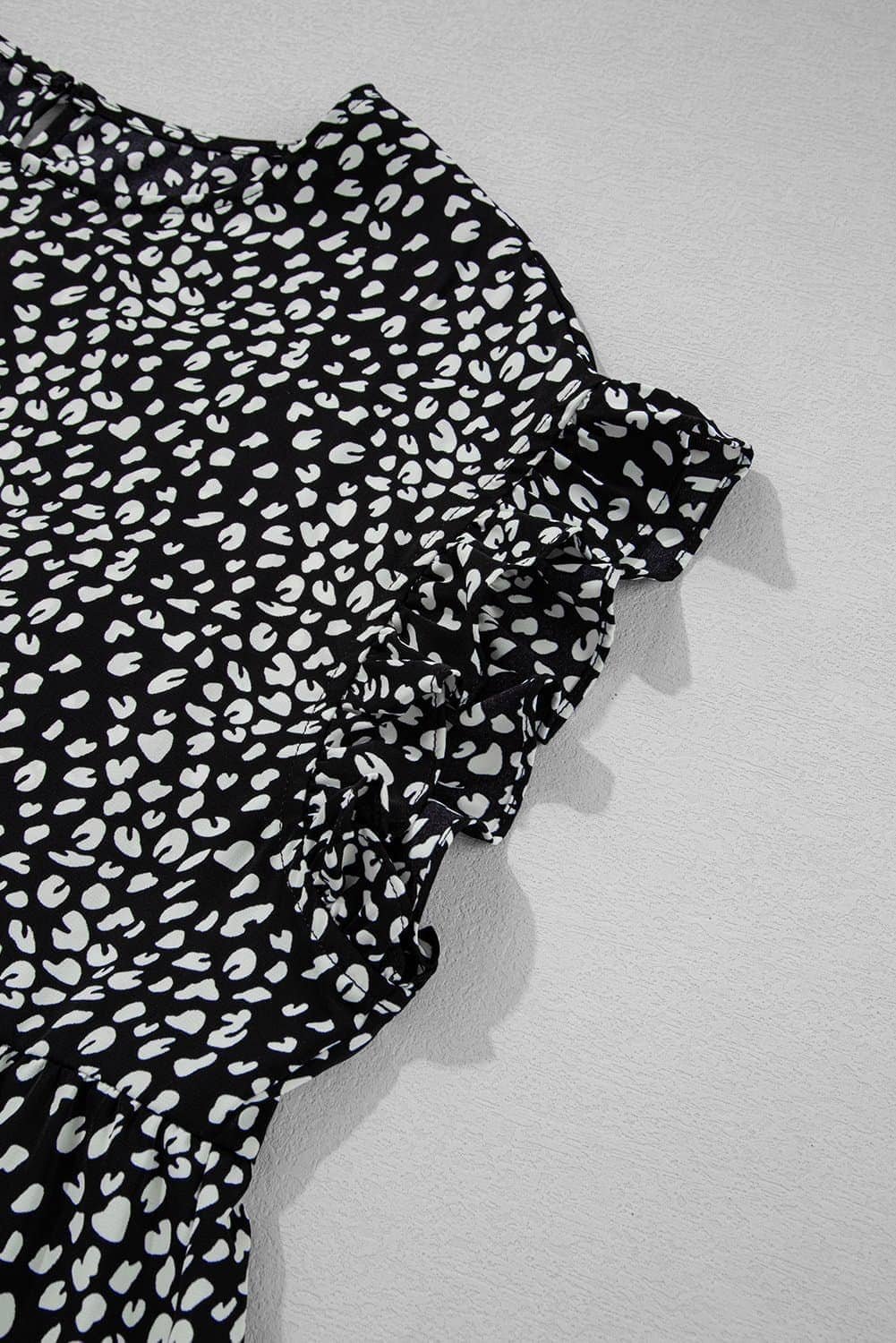 Black Leopard Print Ruffled Short Sleeve Keyhole Back Tiered Flowy Plus Size Blouse