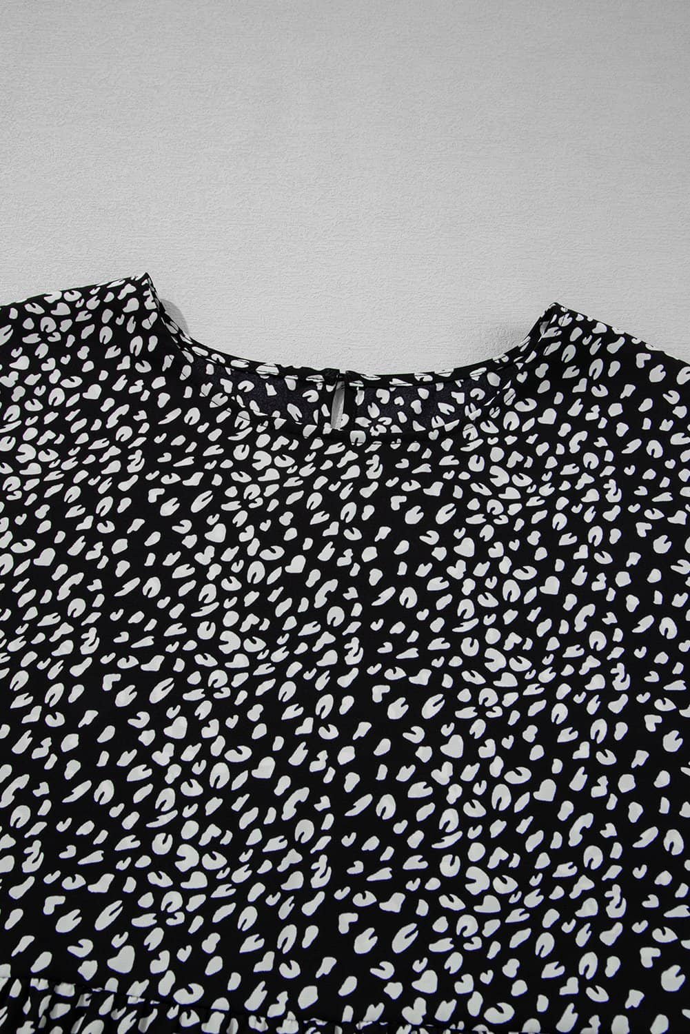 Black Leopard Print Ruffled Short Sleeve Keyhole Back Tiered Flowy Plus Size Blouse