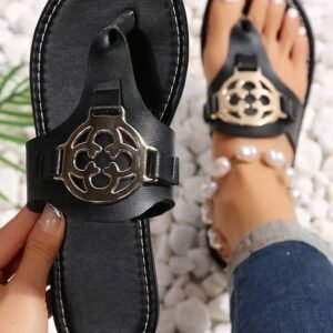 Black Metal Dã©Cor Leather Thong Slippers
