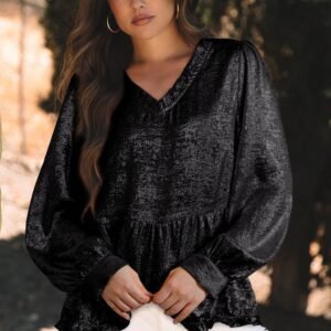 Black Metallic Frilled V Neck Puff Sleeve Babydoll Blouse