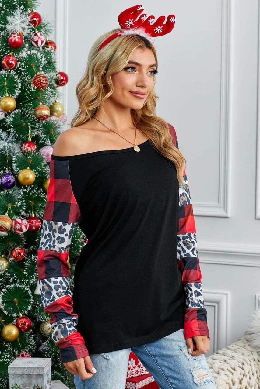 Black Off Shoulder Plaid&Leopard Print Long Sleeve Top