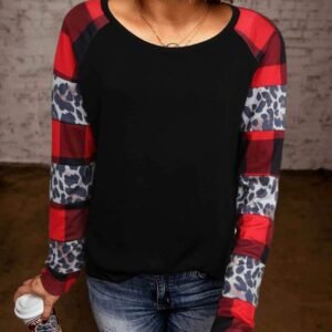 Black Off Shoulder Plaid&Leopard Print Long Sleeve Top