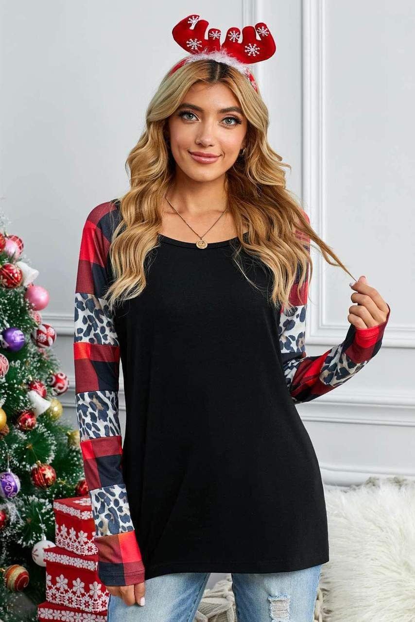 Black Off Shoulder Plaid&Leopard Print Long Sleeve Top