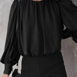 Black Padded Shoulder Buttoned Cuffs Pleated Loose Blouse