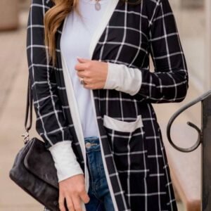 Black Plaid Colorblock Edge Open Cardigan With Pocket