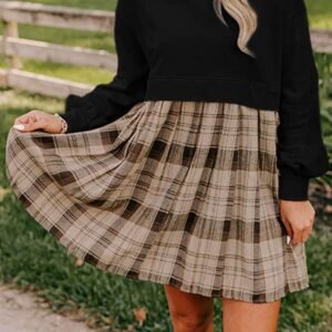Black Plaid Patchwork High Waist Sweatshirt Mini Dress