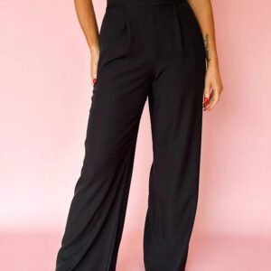Black Pleated Detail Pull On High Elastic Waist Loose Straight Pants