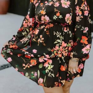 Black Plus Size Floral Print Tie Neck Cinched Waist Long Sleeve Mini Dress