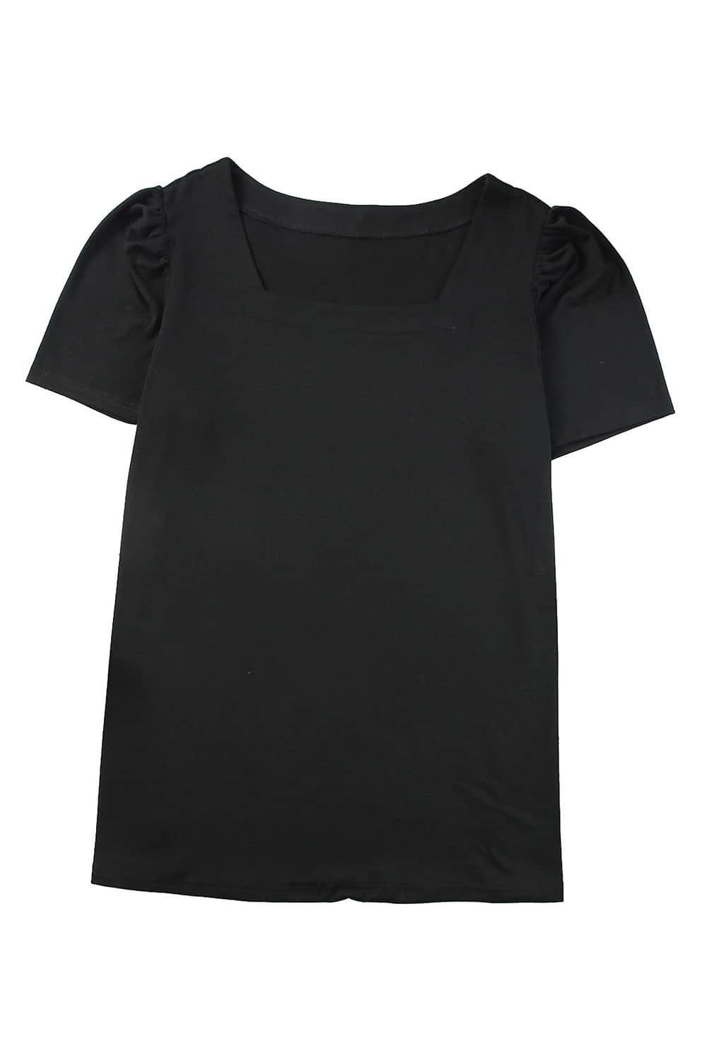 Black Plus Size Square Neck Ruched Shoulder Short Sleeve Top