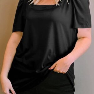 Black Plus Size Square Neck Ruched Shoulder Short Sleeve Top