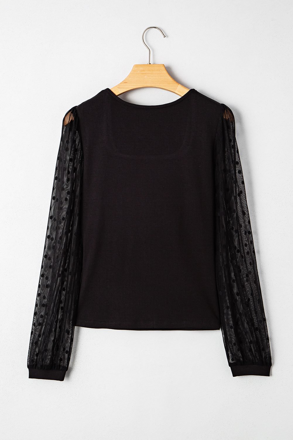 Black Polka Dot Mesh Puff Sleeve Patchwork Ribbed Square Neck Slim Top