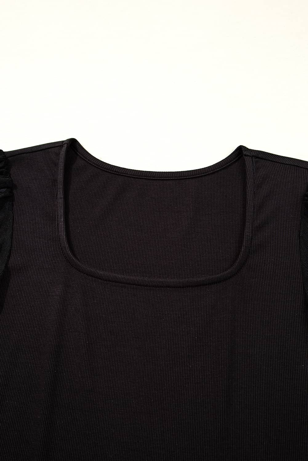 Black Polka Dot Mesh Puff Sleeve Patchwork Ribbed Square Neck Slim Top