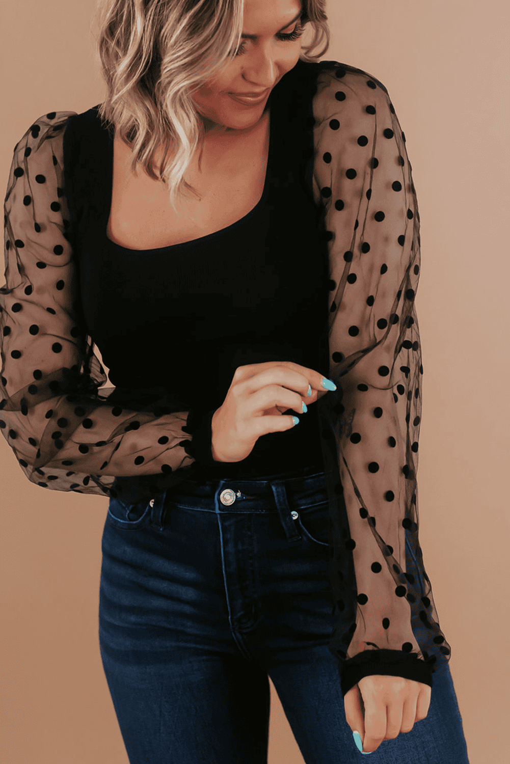 Black Polka Dot Mesh Puff Sleeve Patchwork Ribbed Square Neck Slim Top