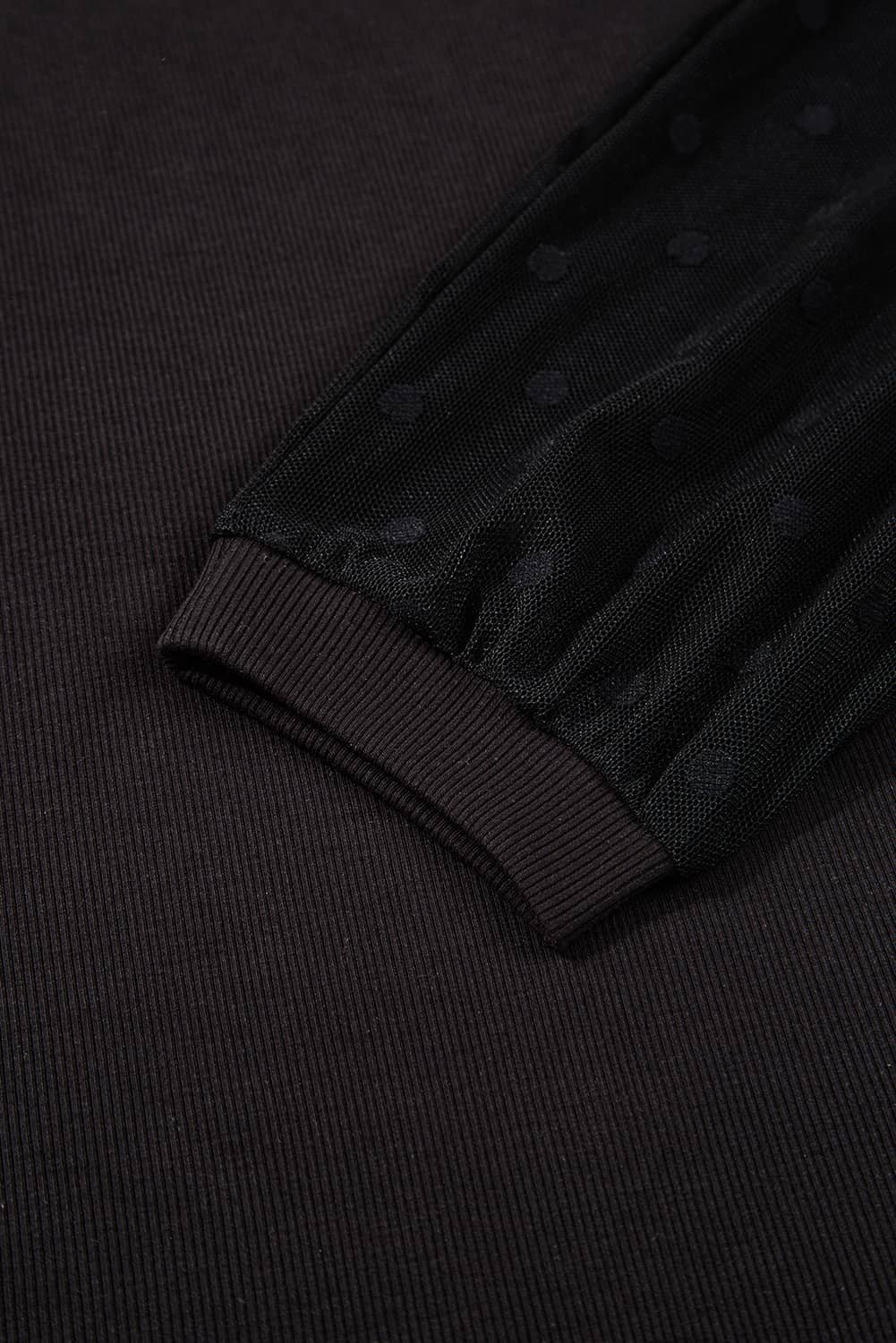 Black Polka Dot Mesh Puff Sleeve Patchwork Ribbed Square Neck Slim Top