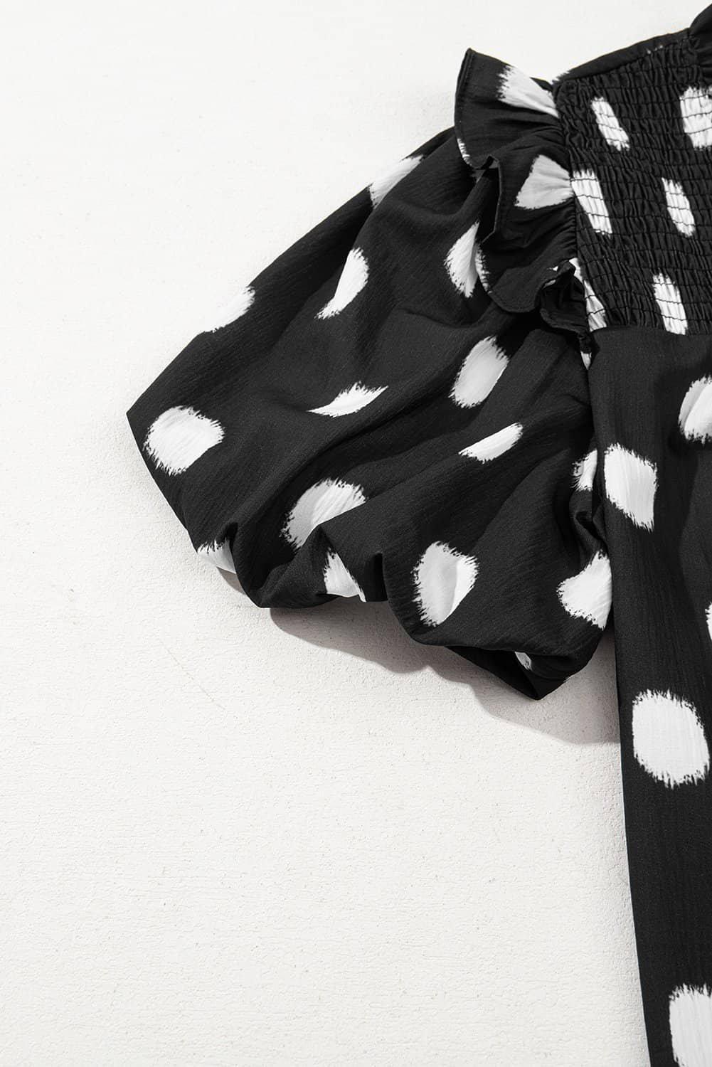 Black Polka Dot Print Shirred Yoke Notched Neck Balloon Sleeve Blouse