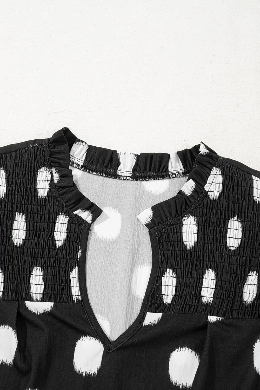 Black Polka Dot Print Shirred Yoke Notched Neck Balloon Sleeve Blouse