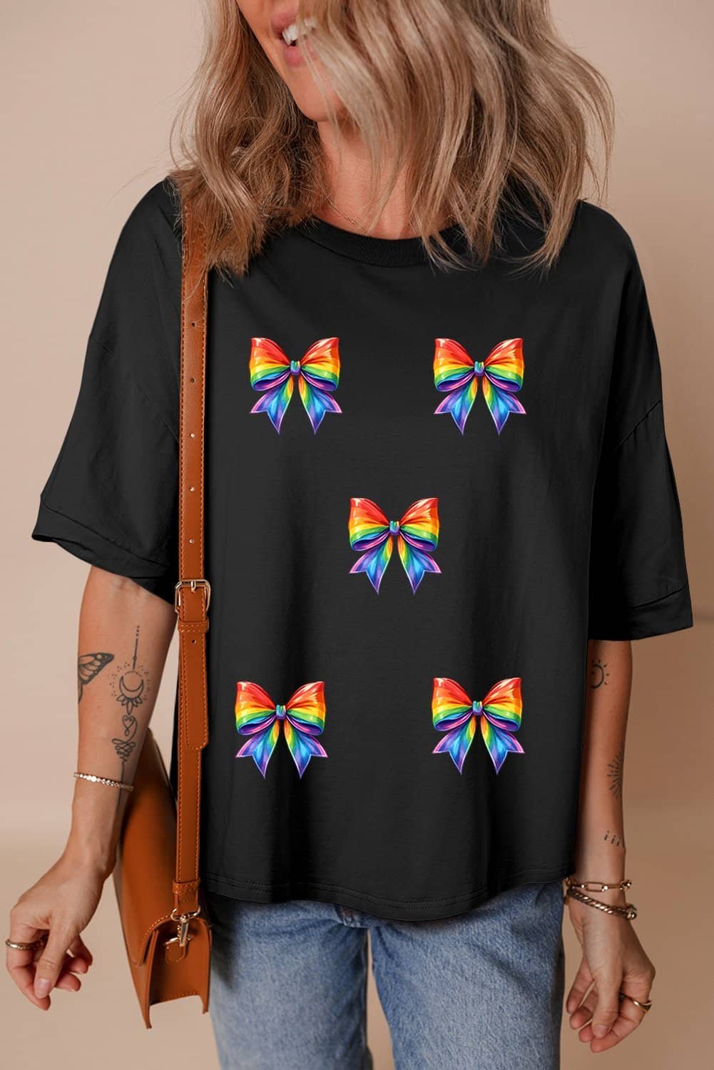 Black Pride Bow Print Oversize Cotton T Shirt