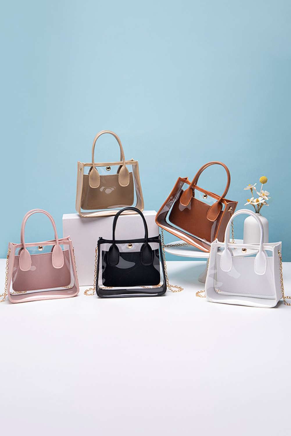 Black Pvc Pu Leather Patchwork Chain Strap Shoulder Bag