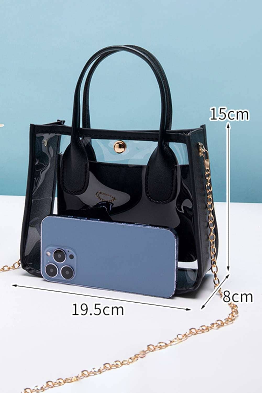 Black Pvc Pu Leather Patchwork Chain Strap Shoulder Bag