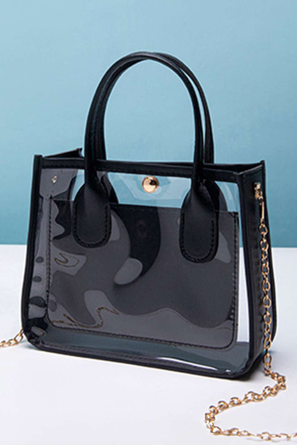 Black Pvc Pu Leather Patchwork Chain Strap Shoulder Bag