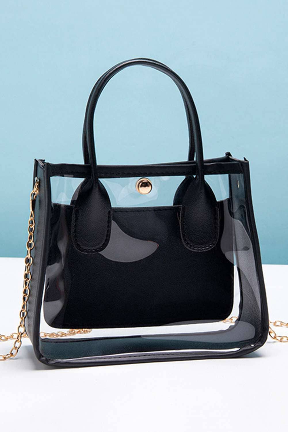 Black Pvc Pu Leather Patchwork Chain Strap Shoulder Bag