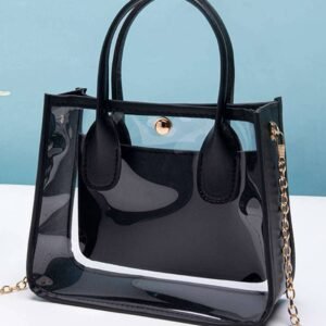 Black Pvc Pu Leather Patchwork Chain Strap Shoulder Bag