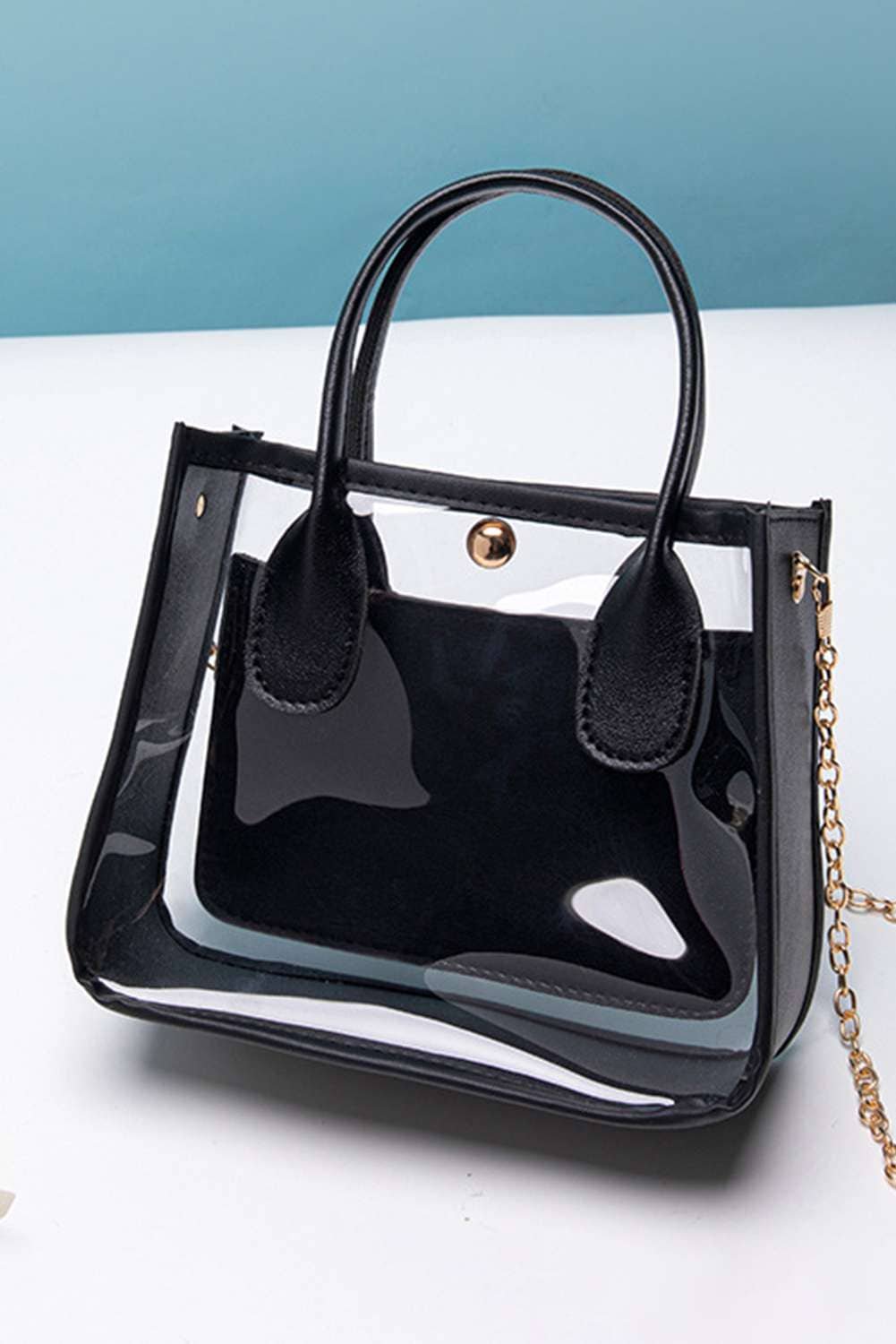 Black Pvc Pu Leather Patchwork Chain Strap Shoulder Bag