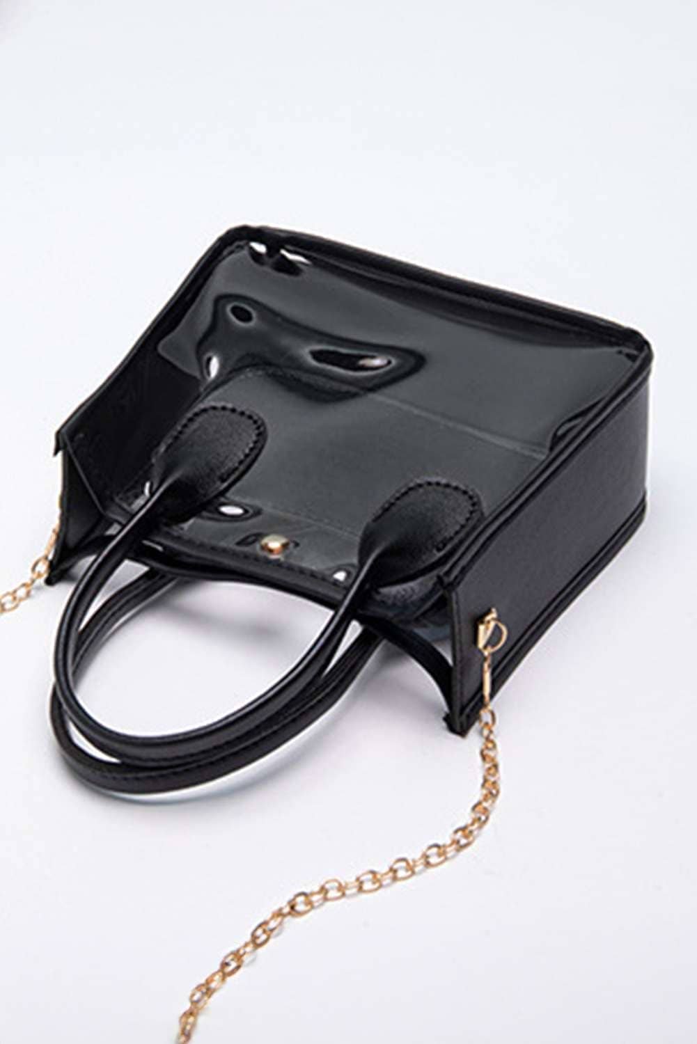Black Pvc Pu Leather Patchwork Chain Strap Shoulder Bag