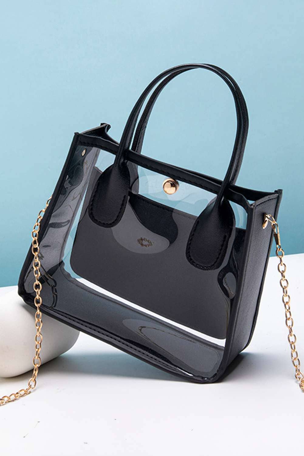 Black Pvc Pu Leather Patchwork Chain Strap Shoulder Bag
