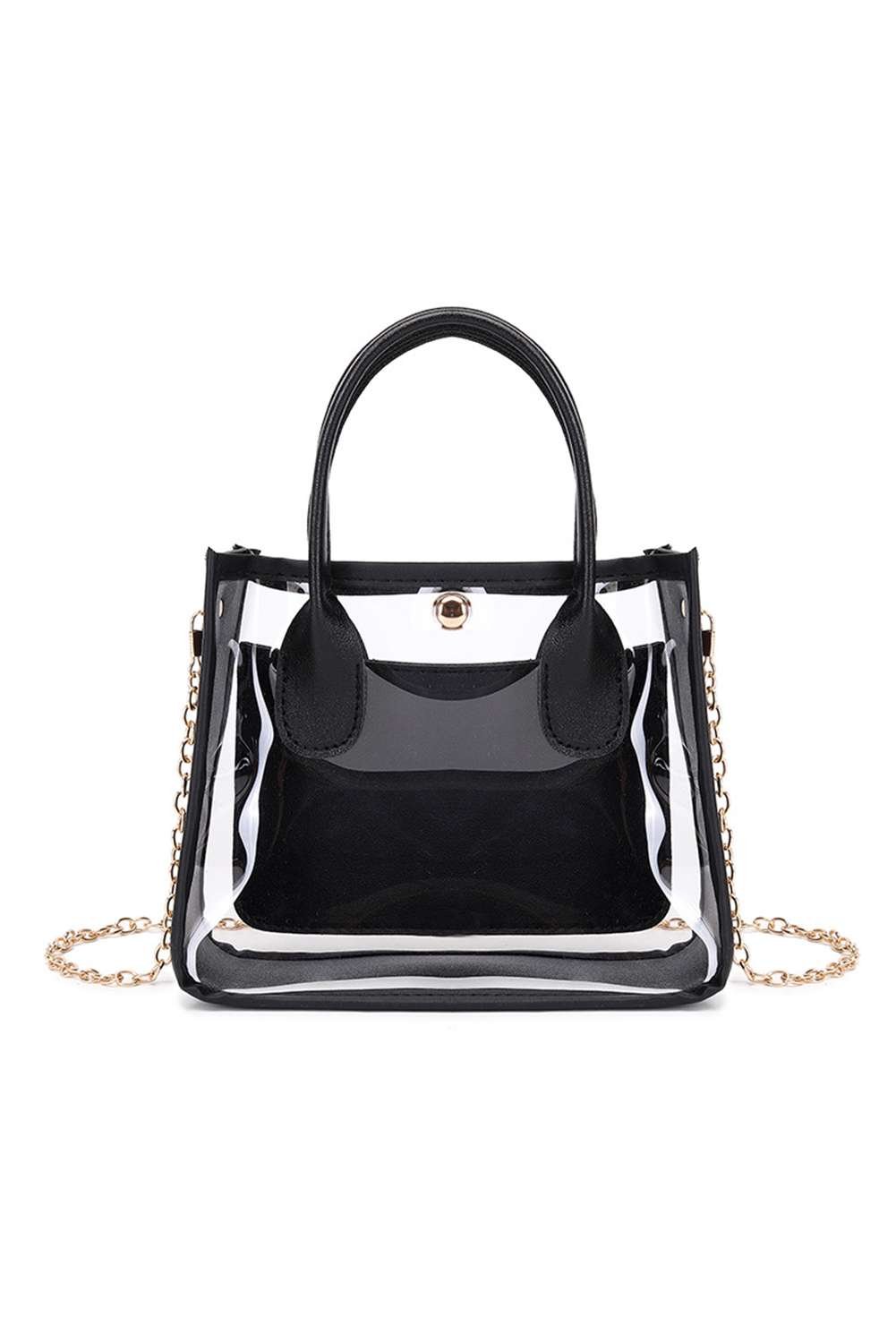 Black Pvc Pu Leather Patchwork Chain Strap Shoulder Bag