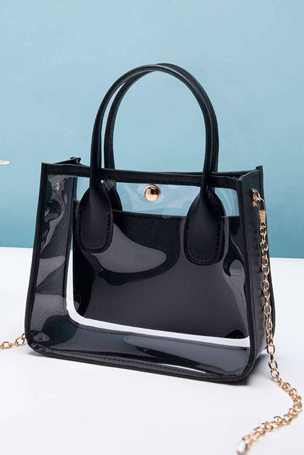 Black Pvc Pu Leather Patchwork Chain Strap Shoulder Bag