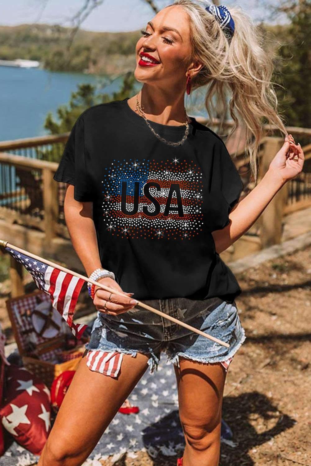 Black Rhinestone America Flag Usa Graphic T Shirt