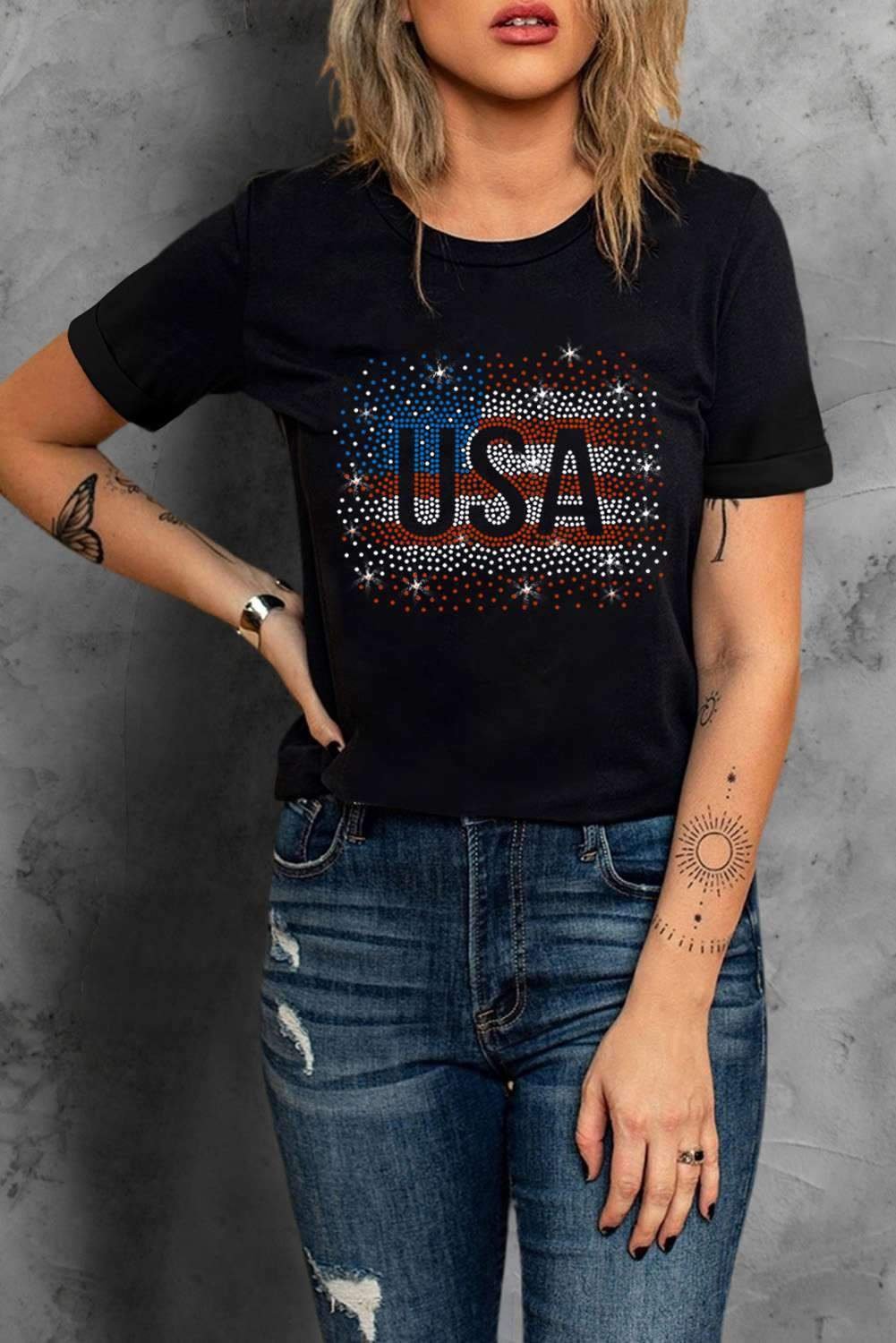 Black Rhinestone America Flag Usa Graphic T Shirt