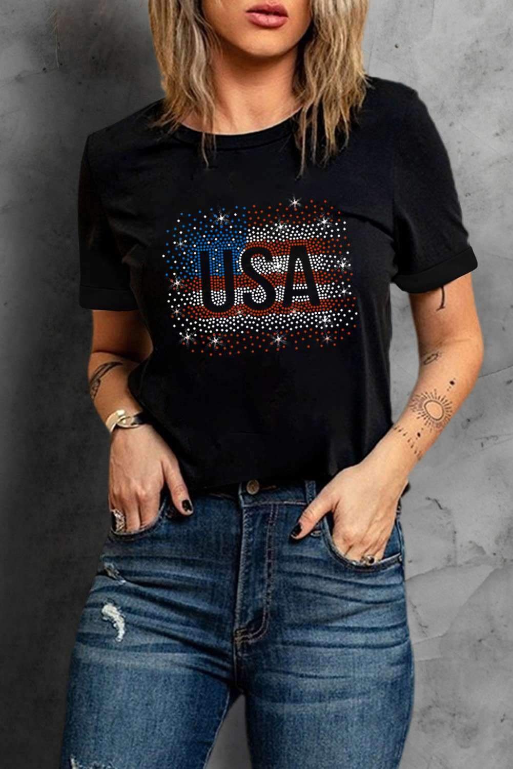 Black Rhinestone America Flag Usa Graphic T Shirt