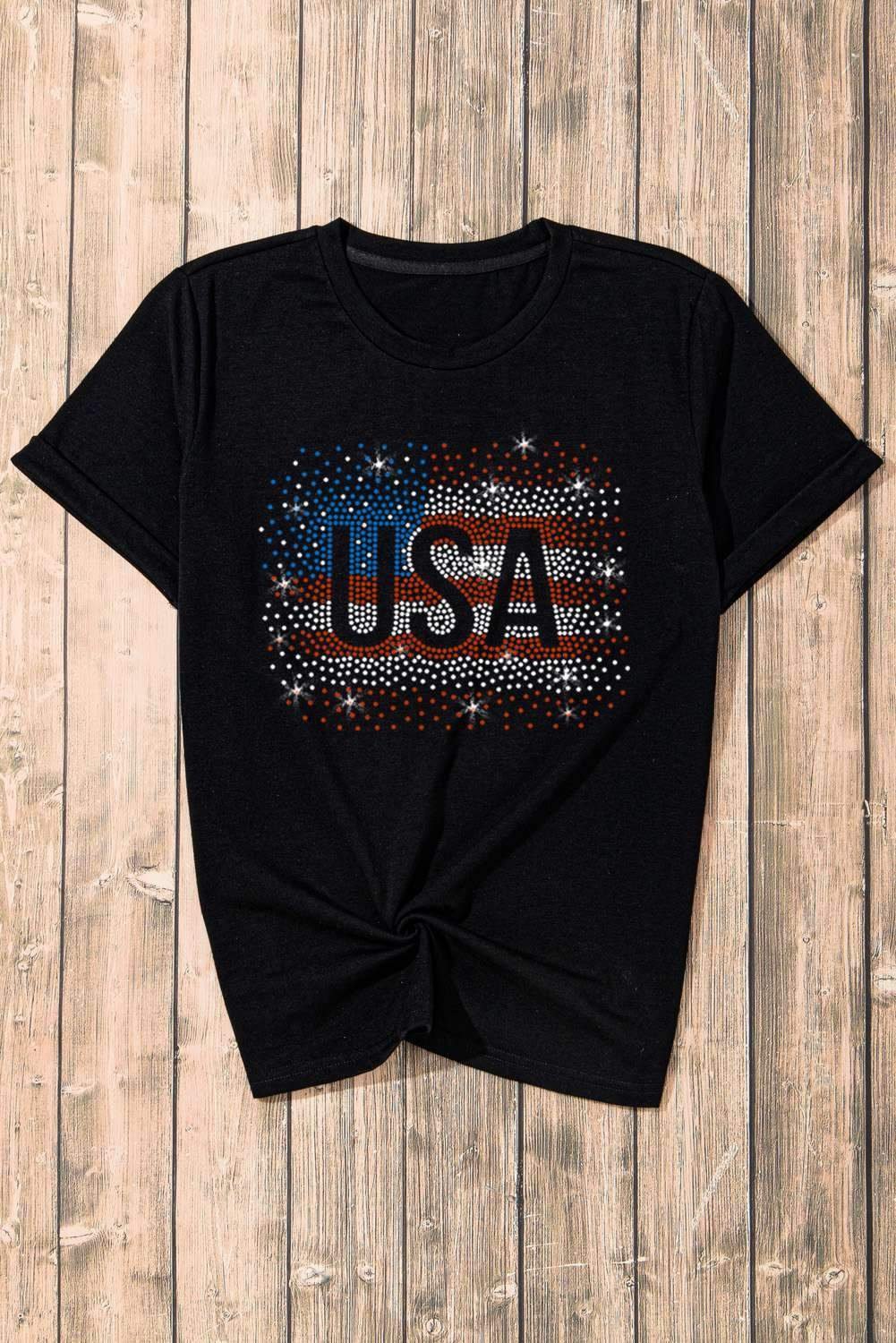 Black Rhinestone America Flag Usa Graphic T Shirt