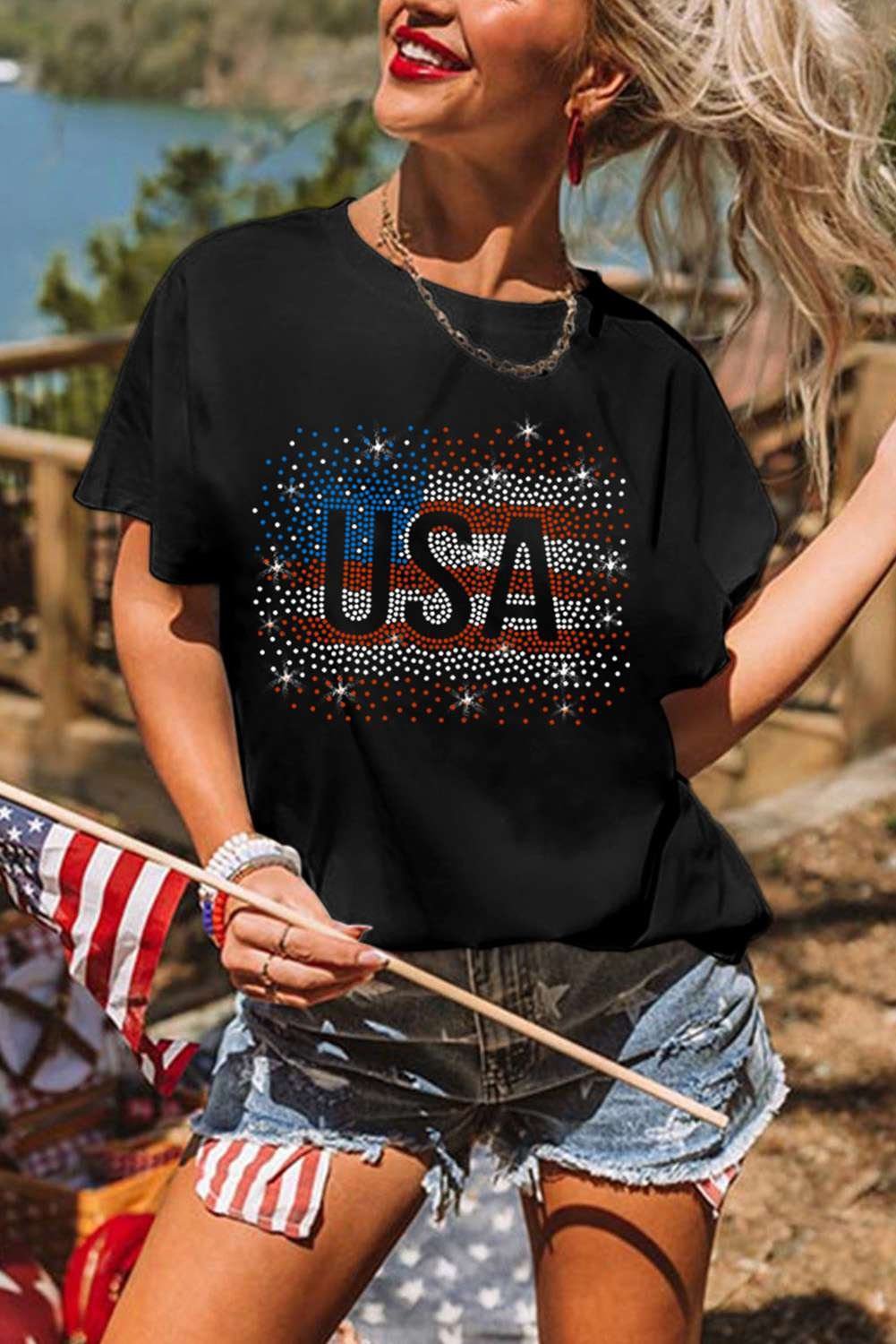 Black Rhinestone America Flag Usa Graphic T Shirt
